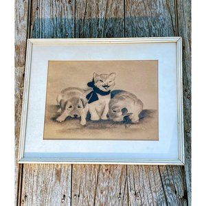 Antique Charcoal Drawing Susie The Cat Puppies